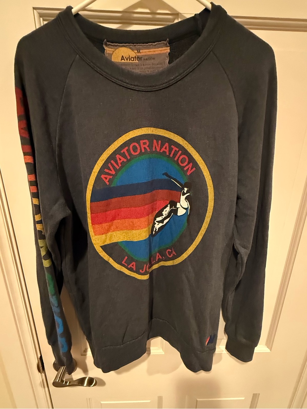Aviator Nation Gray Rainbow La Jolla CA Surf Graphic Navy Crew Sweatshirt Medium